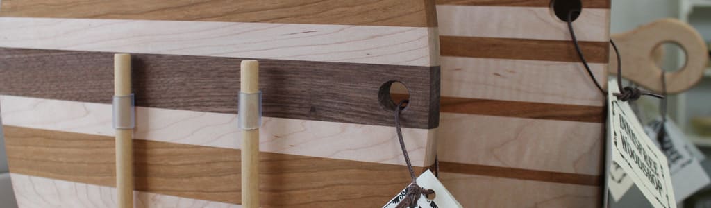 Cutting boards on display at a the Crozet Artisan Depot 